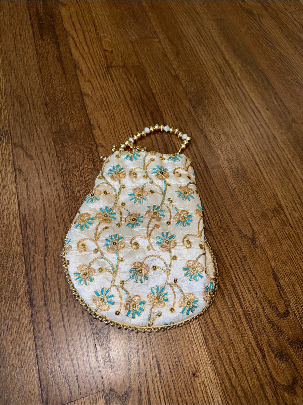 Ivory Embroidered Floral Evening Clutch with Teal Accents